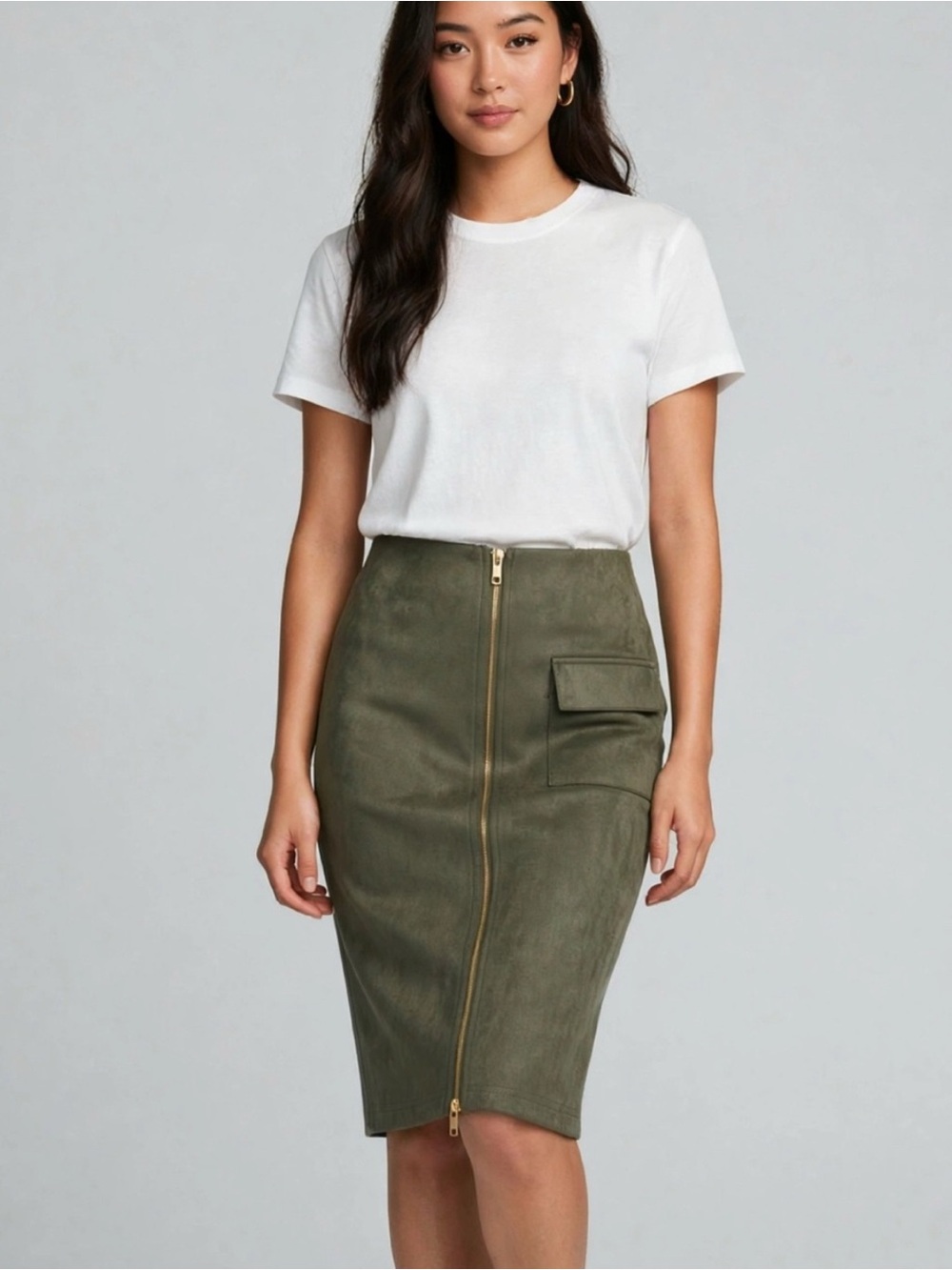 Charlotte Russe Olive Green High-Rise Zip-Front Pencil Skirt